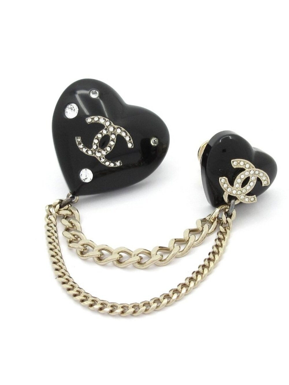 Chanel Brooch Black Silver Clear Heart CC Logo Rhinestone Pin